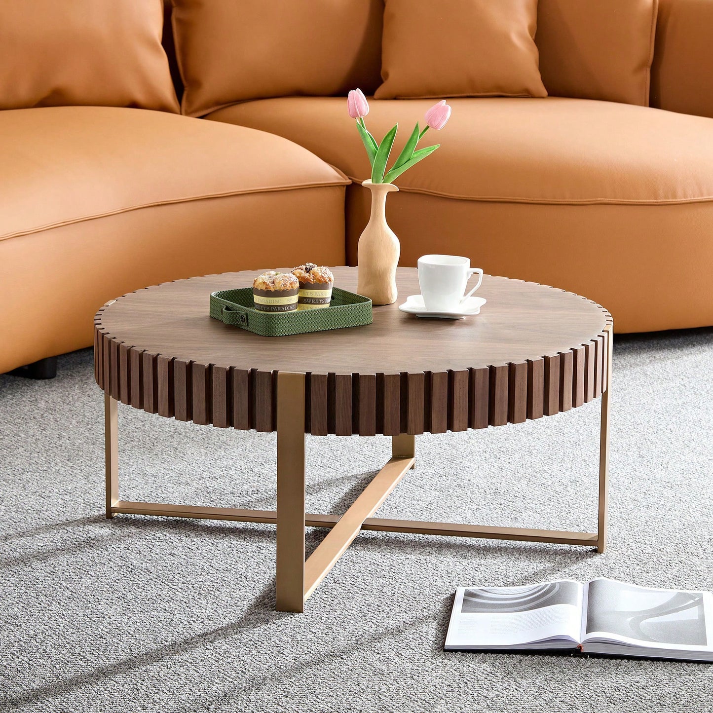 Round 31.5 Inch Modern Drum Coffee Table For Living Room With Sturdy Pedestal In Black