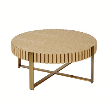 Round 31.5 Inch Modern Drum Coffee Table For Living Room With Sturdy Pedestal In Black