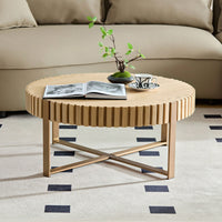 Round 31.5 Inch Modern Drum Coffee Table For Living Room With Sturdy Pedestal In Black