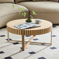 Round 31.5 Inch Modern Drum Coffee Table For Living Room With Sturdy Pedestal In Black