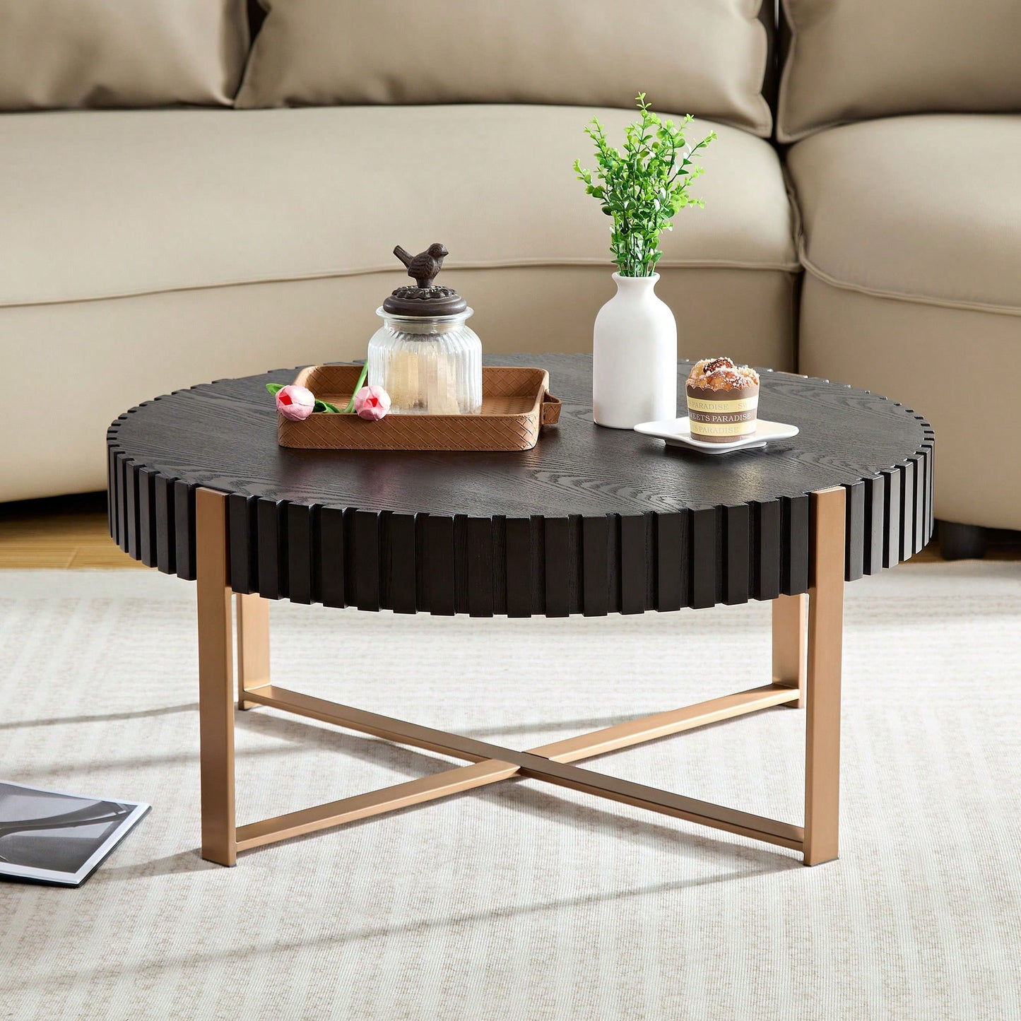 Round 31.5 Inch Modern Drum Coffee Table For Living Room With Sturdy Pedestal In Black