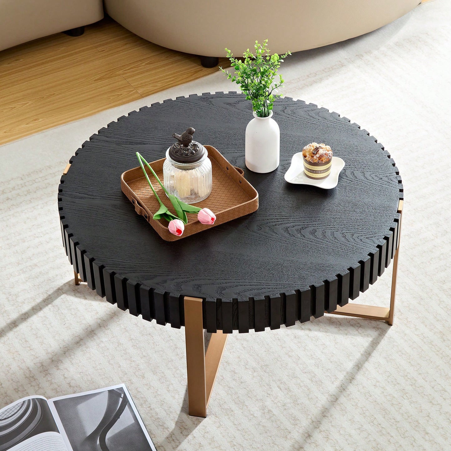 Round 31.5 Inch Modern Drum Coffee Table For Living Room With Sturdy Pedestal In Black