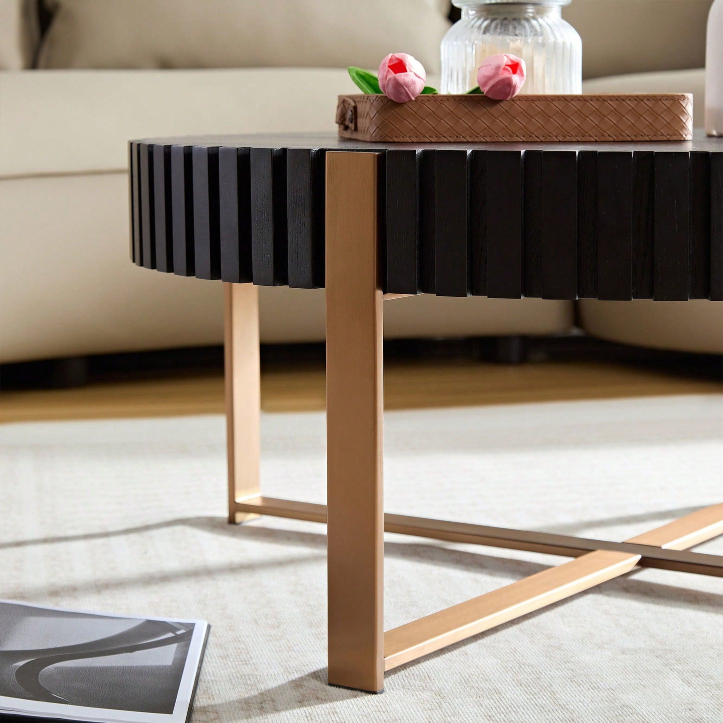 Round 31.5 Inch Modern Drum Coffee Table For Living Room With Sturdy Pedestal In Black