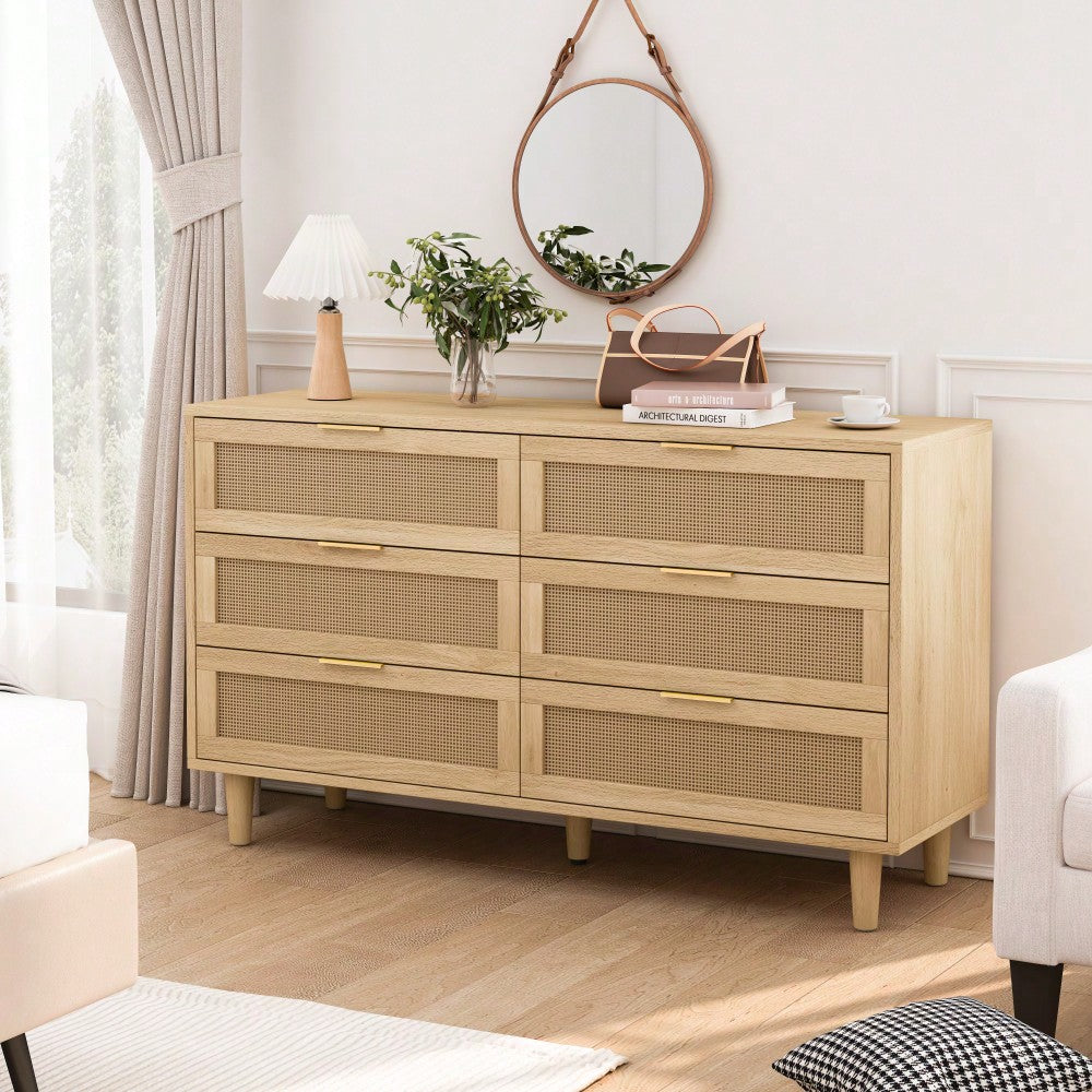 Natural Rattan 6-Drawer Storage Cabinet With White Drawer Slides For Bedroom And Living Room