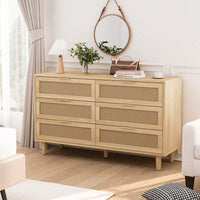 Natural Rattan 6-Drawer Storage Cabinet With White Drawer Slides For Bedroom And Living Room