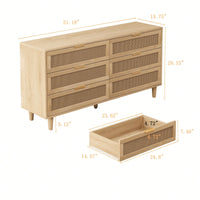 Natural Rattan 6-Drawer Storage Cabinet With White Drawer Slides For Bedroom And Living Room