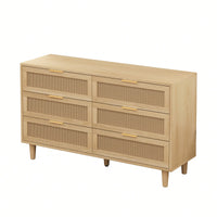 Natural Rattan 6-Drawer Storage Cabinet With White Drawer Slides For Bedroom And Living Room