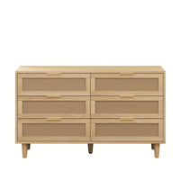 Natural Rattan 6-Drawer Storage Cabinet With White Drawer Slides For Bedroom And Living Room