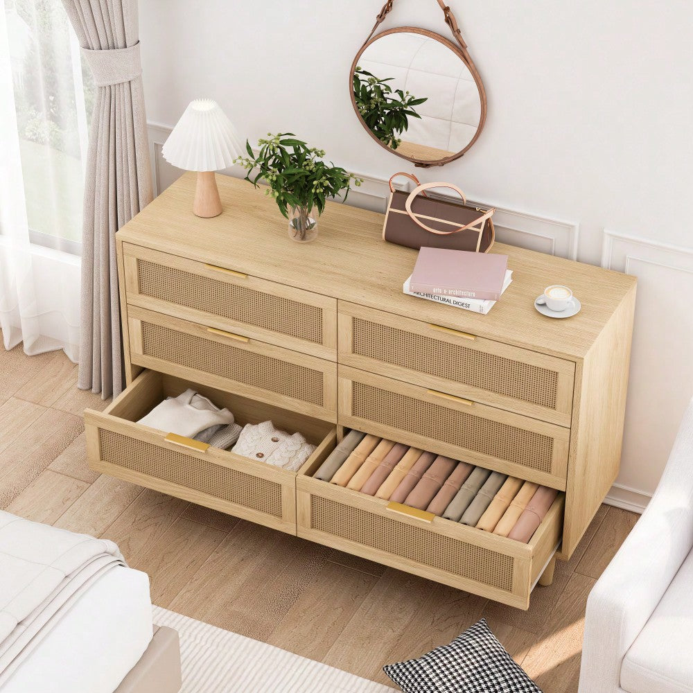 Natural Rattan 6-Drawer Storage Cabinet With White Drawer Slides For Bedroom And Living Room