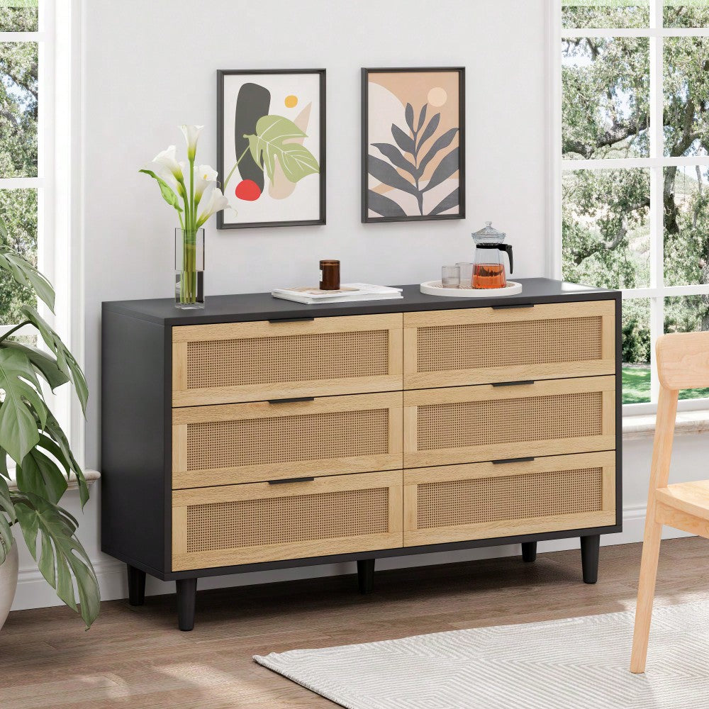 Natural Rattan 6-Drawer Storage Cabinet With White Drawer Slides For Bedroom And Living Room