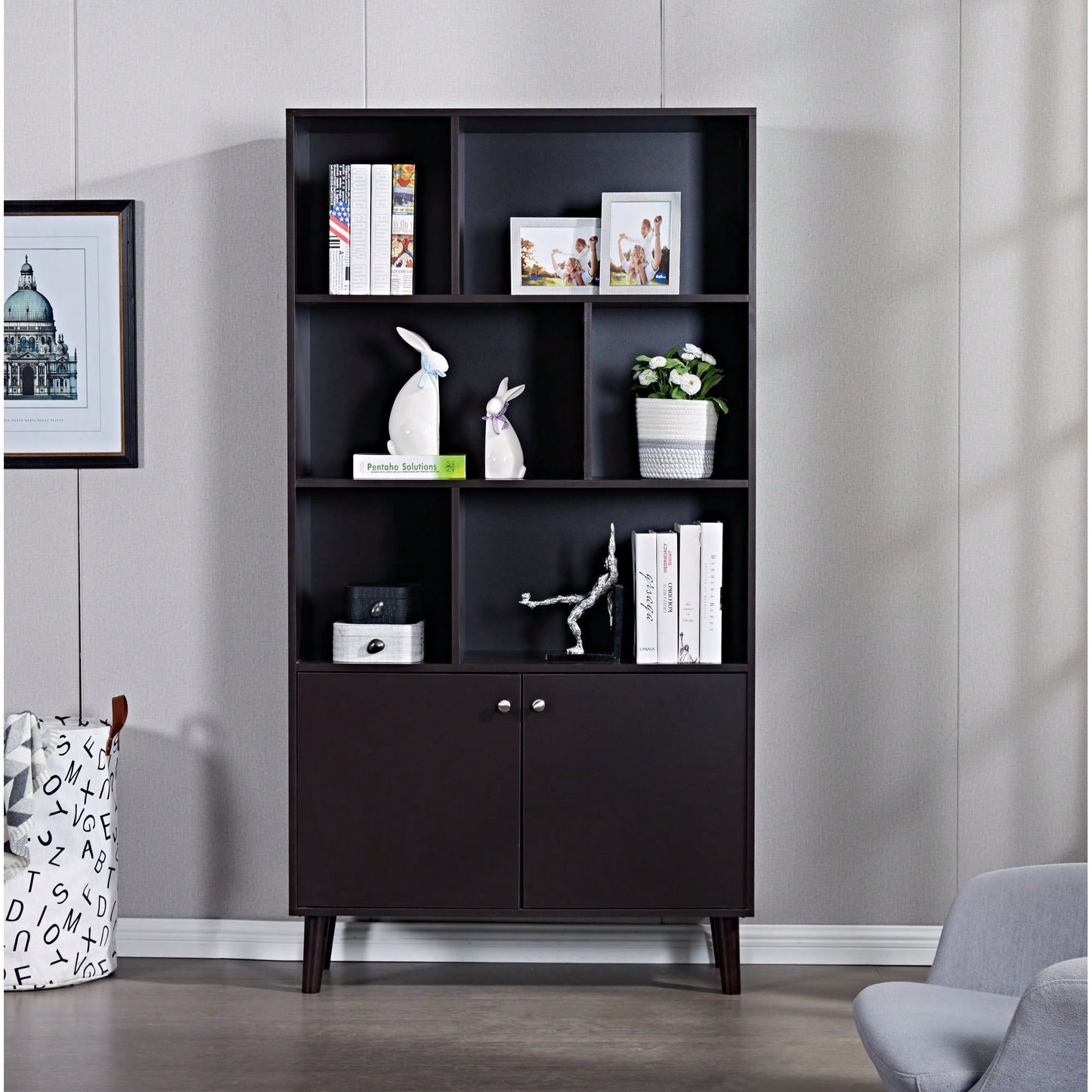 67 Inch Tall 3-Tier Bookcase With Doors For Stylish Storage And Organization In Coffee Finish