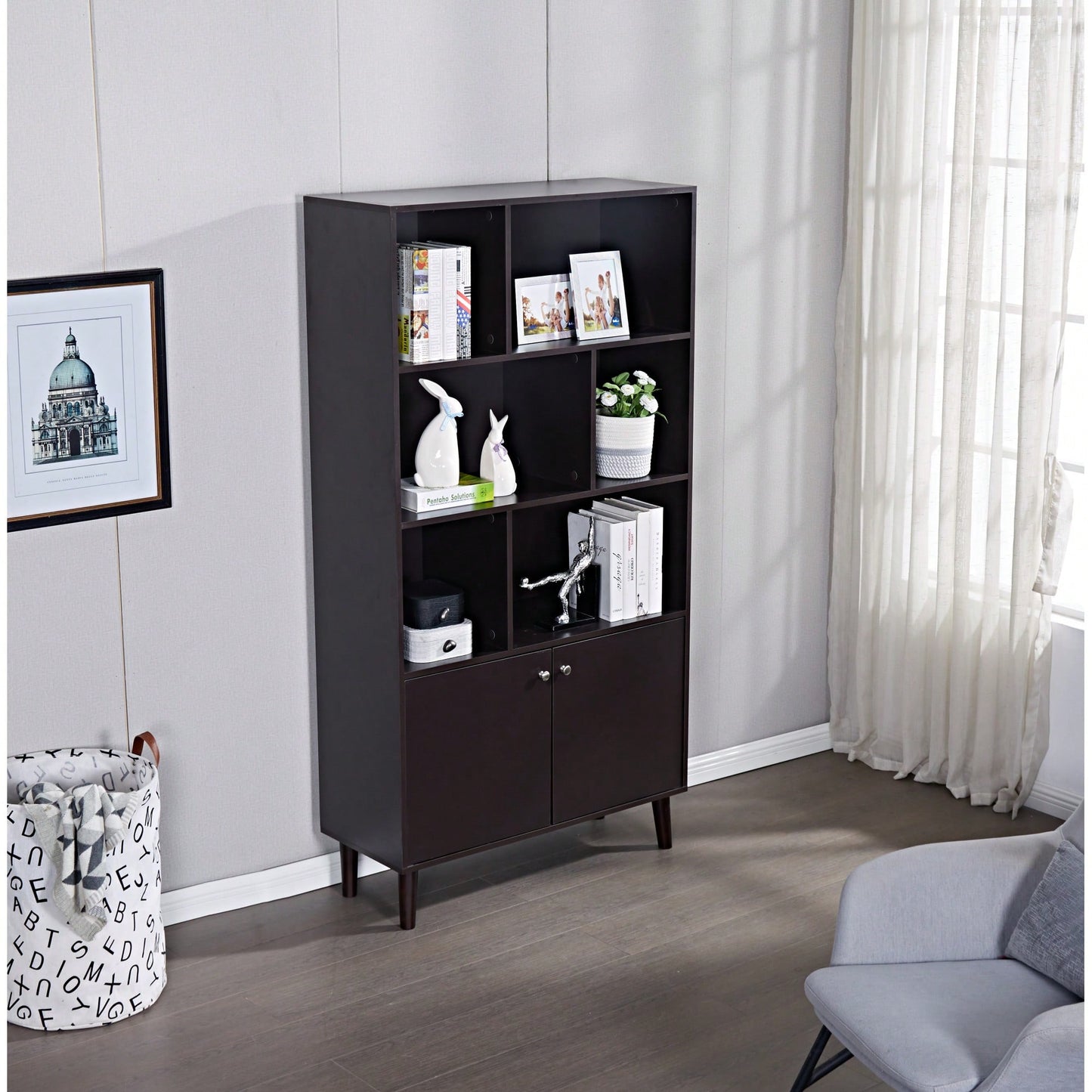 67 Inch Tall 3-Tier Bookcase With Doors For Stylish Storage And Organization In Coffee Finish