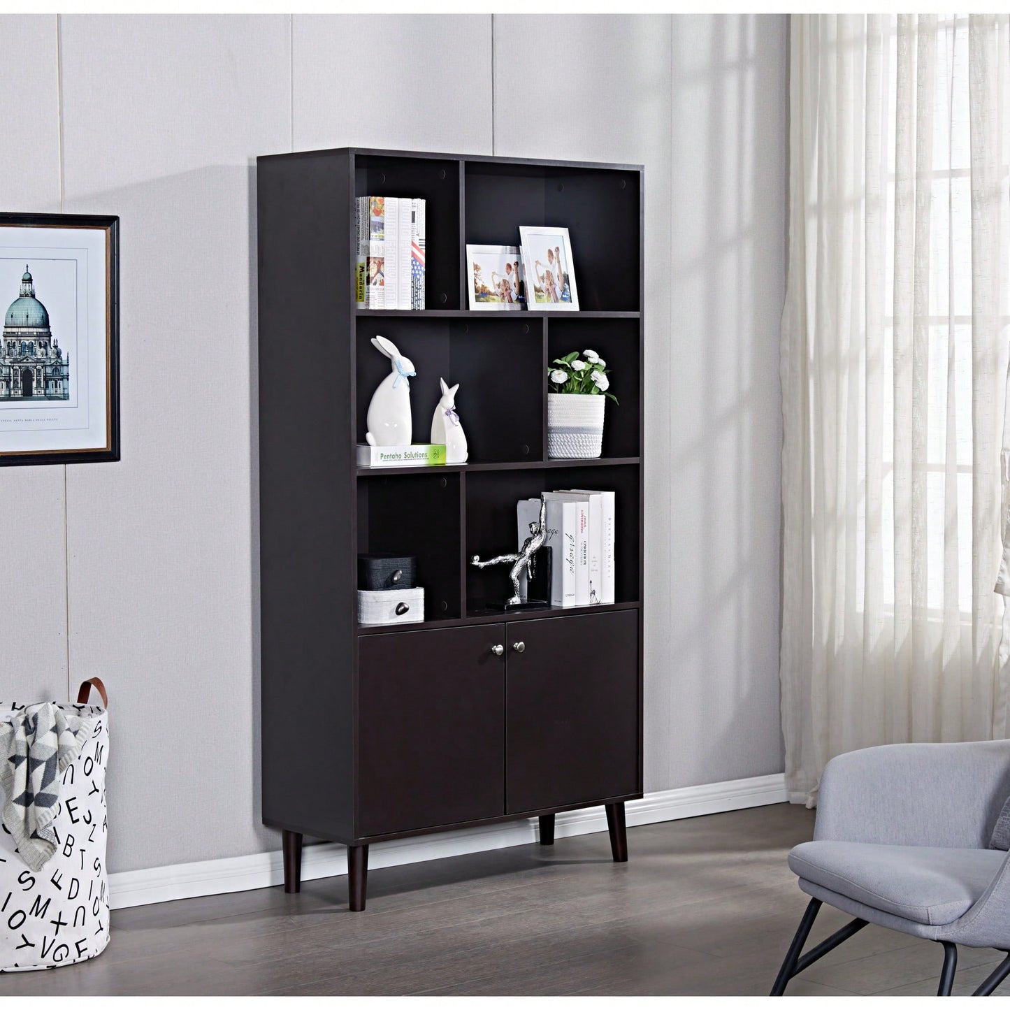 67 Inch Tall 3-Tier Bookcase With Doors For Stylish Storage And Organization In Coffee Finish