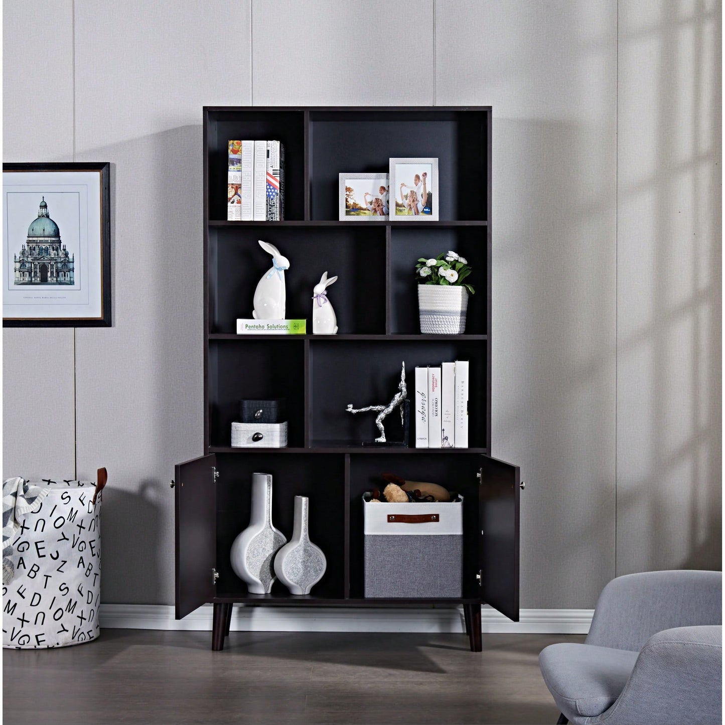 67 Inch Tall 3-Tier Bookcase With Doors For Stylish Storage And Organization In Coffee Finish