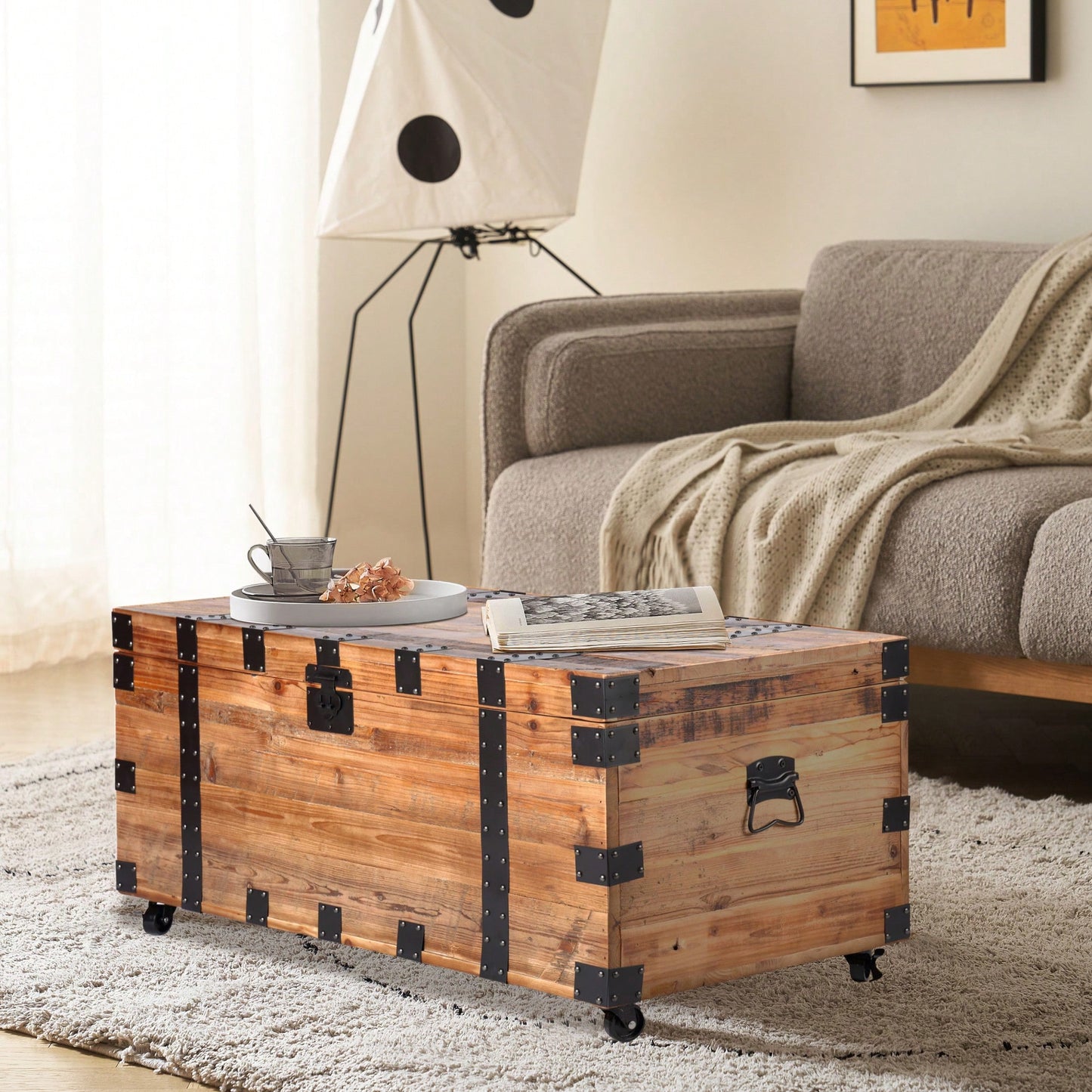 Large Capacity Storage Coffee Table With Four Wheels Natural Reclaimed Wood And Black Metal Design