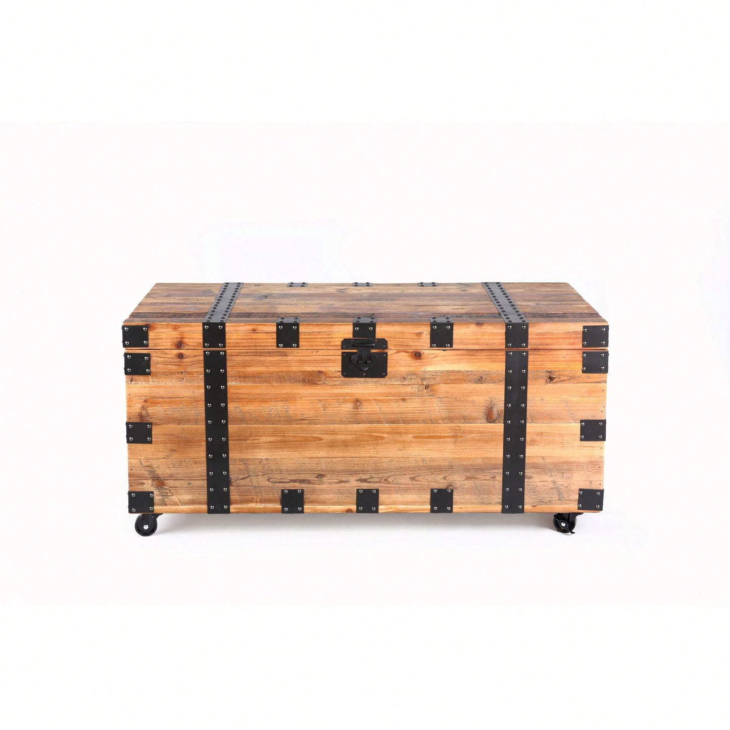 Large Capacity Storage Coffee Table With Four Wheels Natural Reclaimed Wood And Black Metal Design