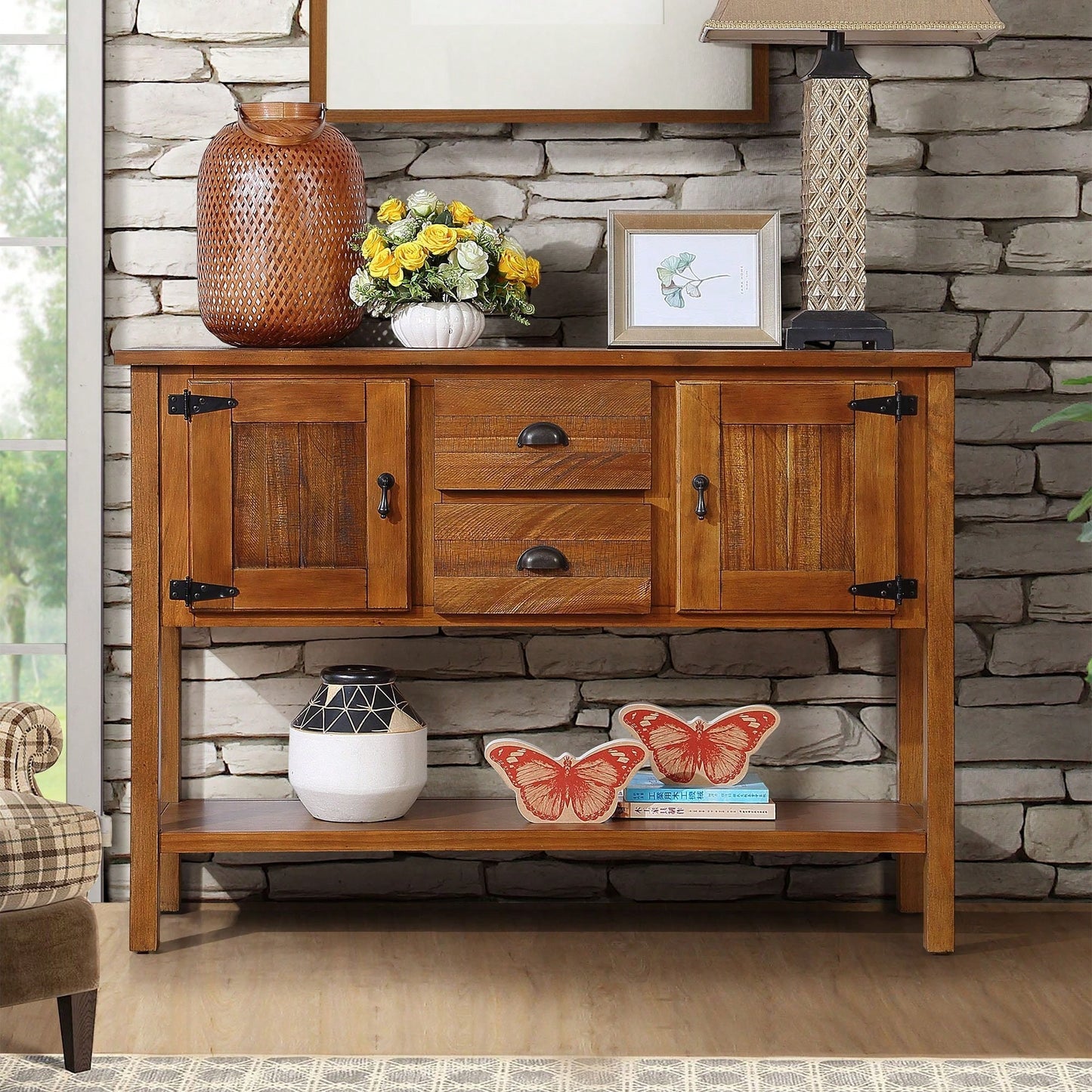 48 Inch Retro Solid Wood Sideboard Console Table With Two Drawers Cabinets And Bottom Shelf For Living Room Kitchen Dining Room Storage