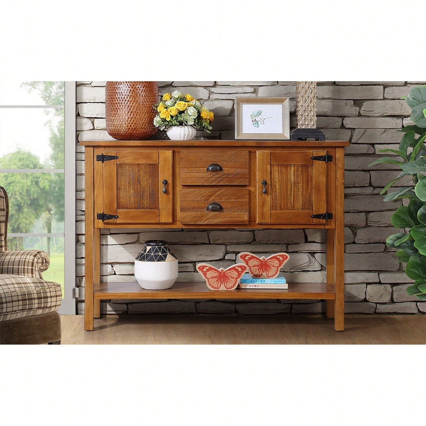 48 Inch Retro Solid Wood Sideboard Console Table With Two Drawers Cabinets And Bottom Shelf For Living Room Kitchen Dining Room Storage