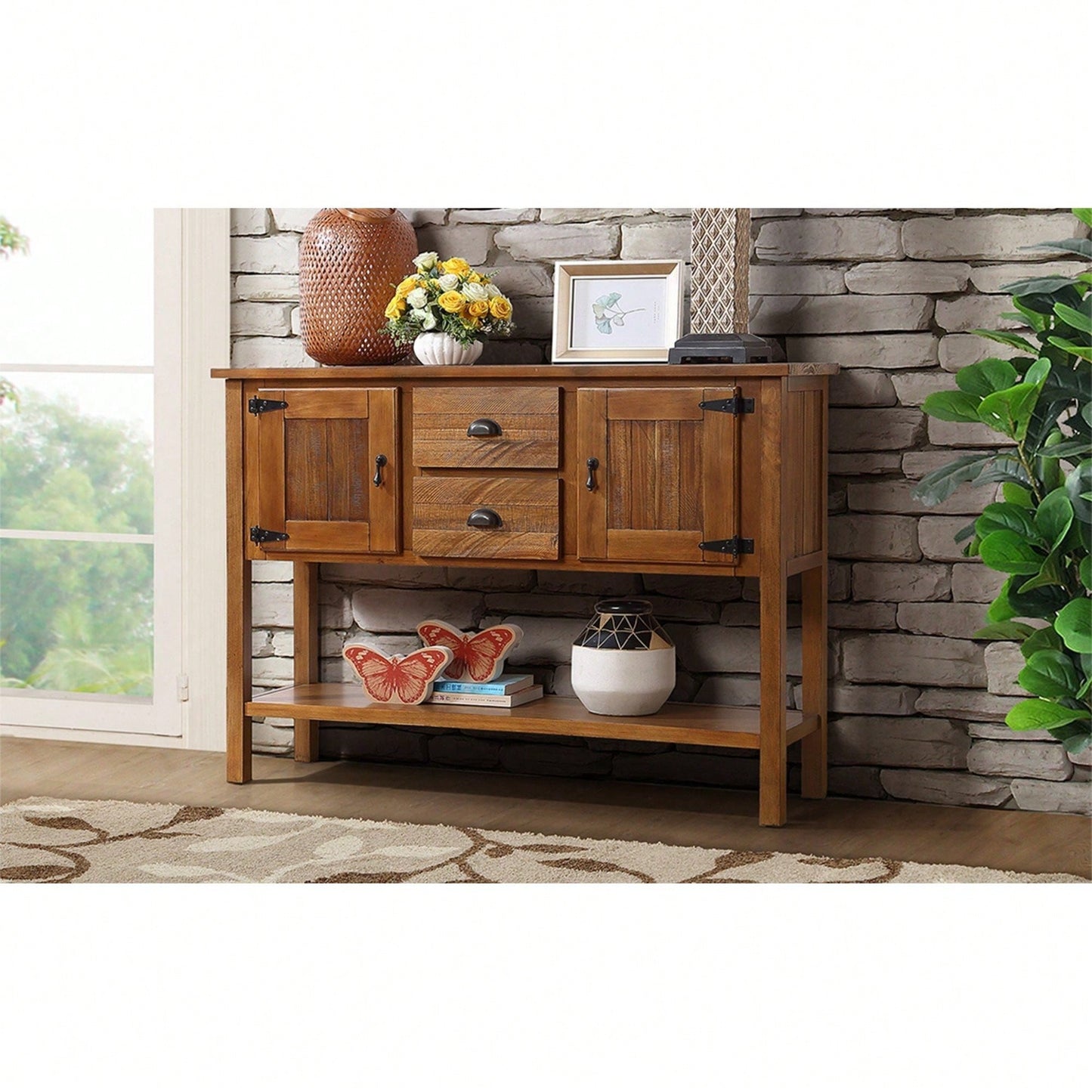 48 Inch Retro Solid Wood Sideboard Console Table With Two Drawers Cabinets And Bottom Shelf For Living Room Kitchen Dining Room Storage