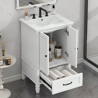 20 Inch White Bathroom Vanity With Sink And Storage Cabinet, Two Door Design, Adjustable Foot Pads And Drawer, Modern Bathroom Furniture