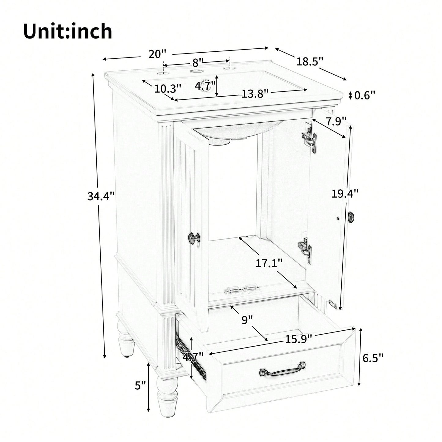 20 Inch White Bathroom Vanity With Sink And Storage Cabinet, Two Door Design, Adjustable Foot Pads And Drawer, Modern Bathroom Furniture