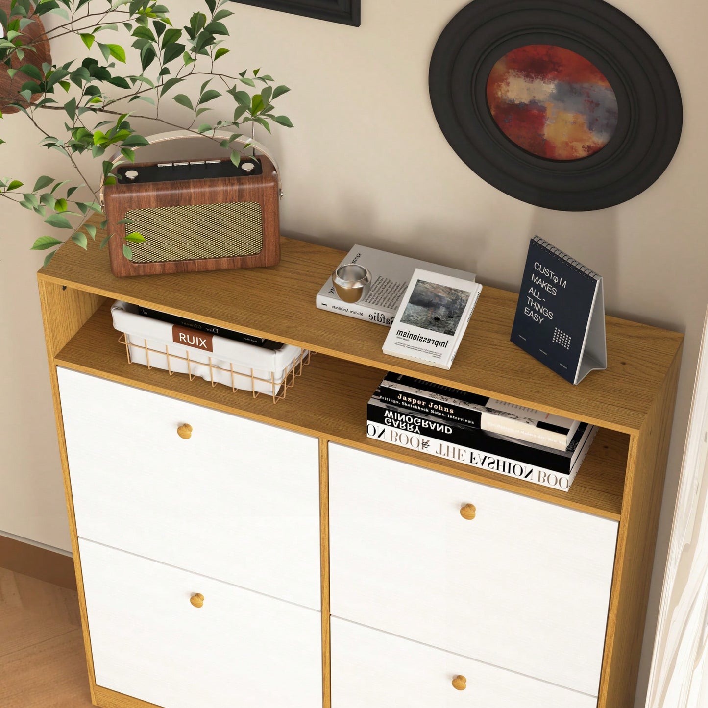 Shoe Storage Cabinet With 4 Flip Drawers Freestanding Organizer For Entryway And Hallway With Wooden Handle And Anti-Tip Fitting