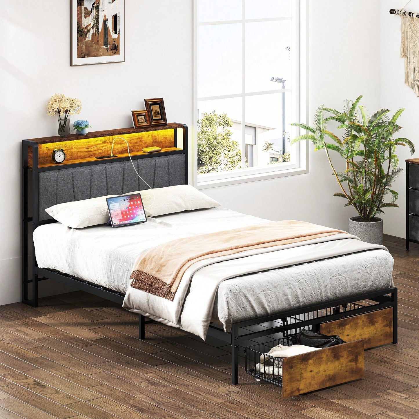 Rustic Brown Upholstered Twin Size Bed Frame With Storage Drawers USB Ports And LED Lights Wingback Headboard