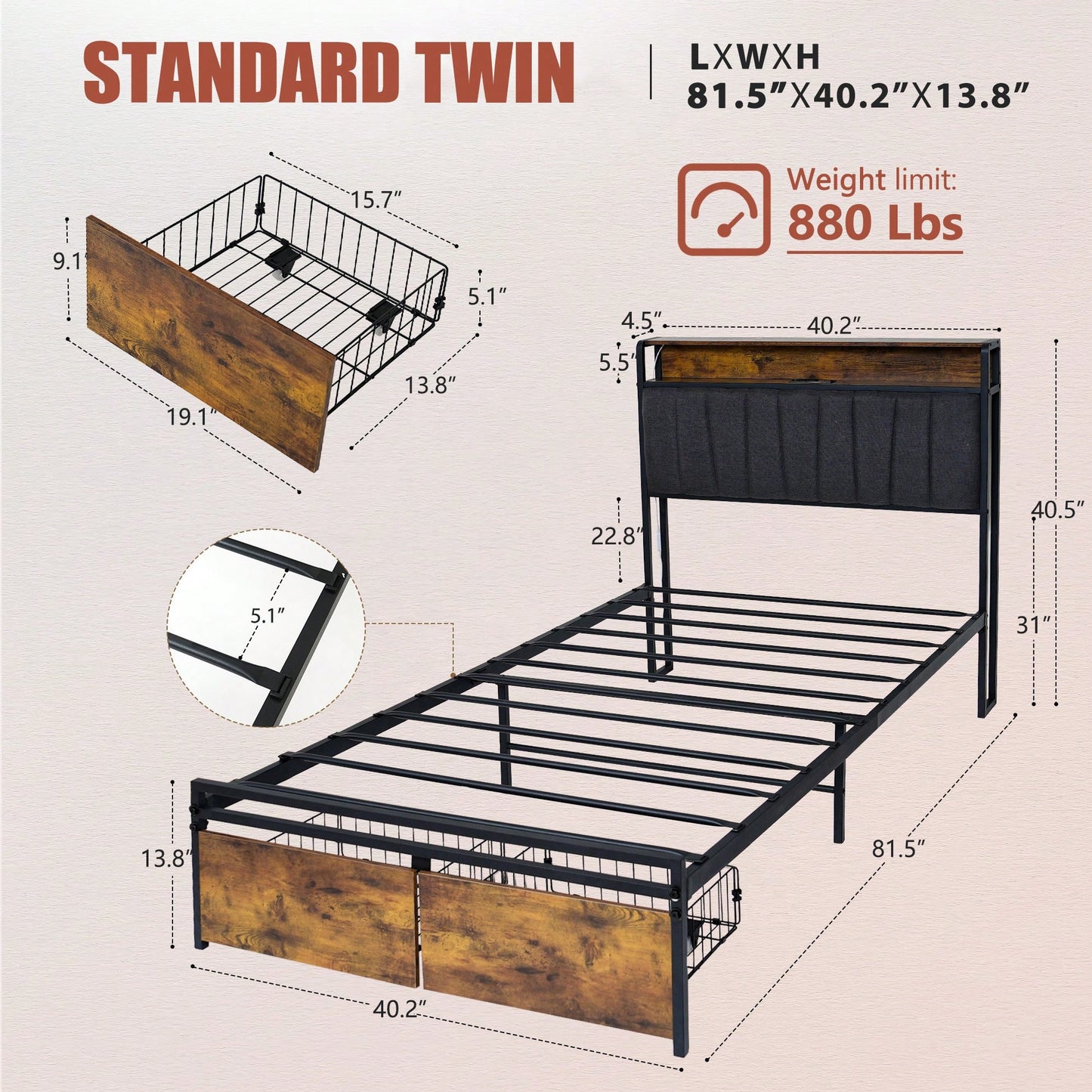 Rustic Brown Upholstered Twin Size Bed Frame With Storage Drawers USB Ports And LED Lights Wingback Headboard