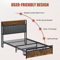 Rustic Brown Upholstered Twin Size Bed Frame With Storage Drawers USB Ports And LED Lights Wingback Headboard