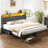 Upholstered Queen Size Platform Bed Frame With Storage Drawers USB Ports And LED Lights Rustic Brown Wingback Headboard