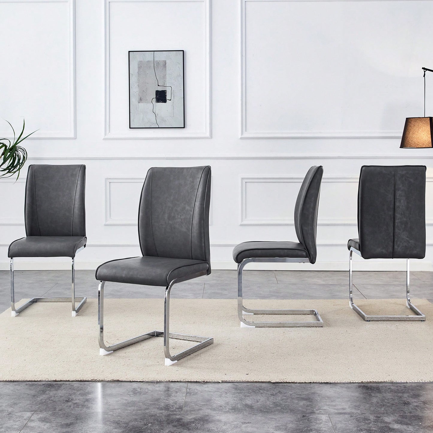 Elegant Dark Gray PU Dining Chairs Set Of 4 With High Resilience And Arched Metal Silver Legs