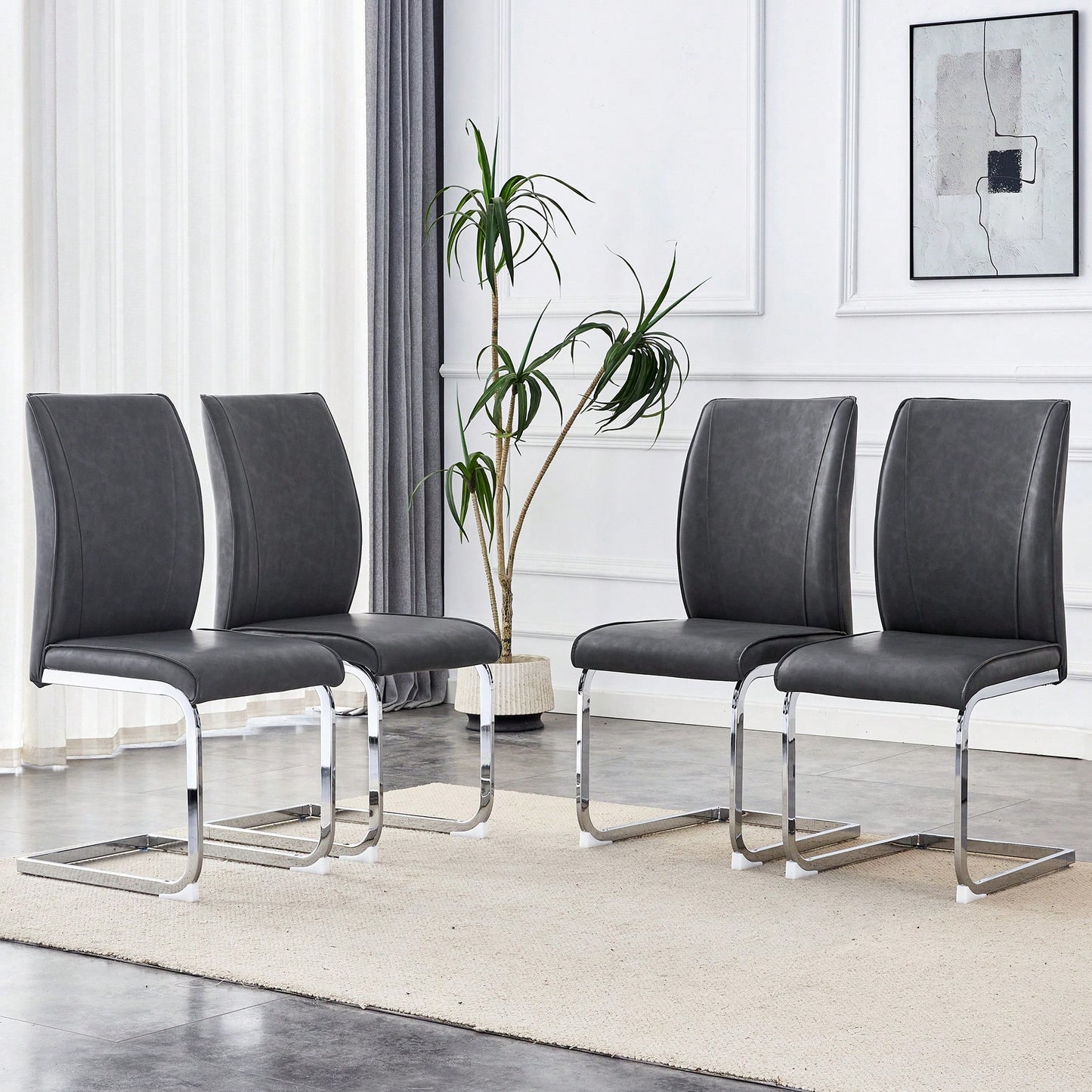 Elegant Dark Gray PU Dining Chairs Set Of 4 With High Resilience And Arched Metal Silver Legs