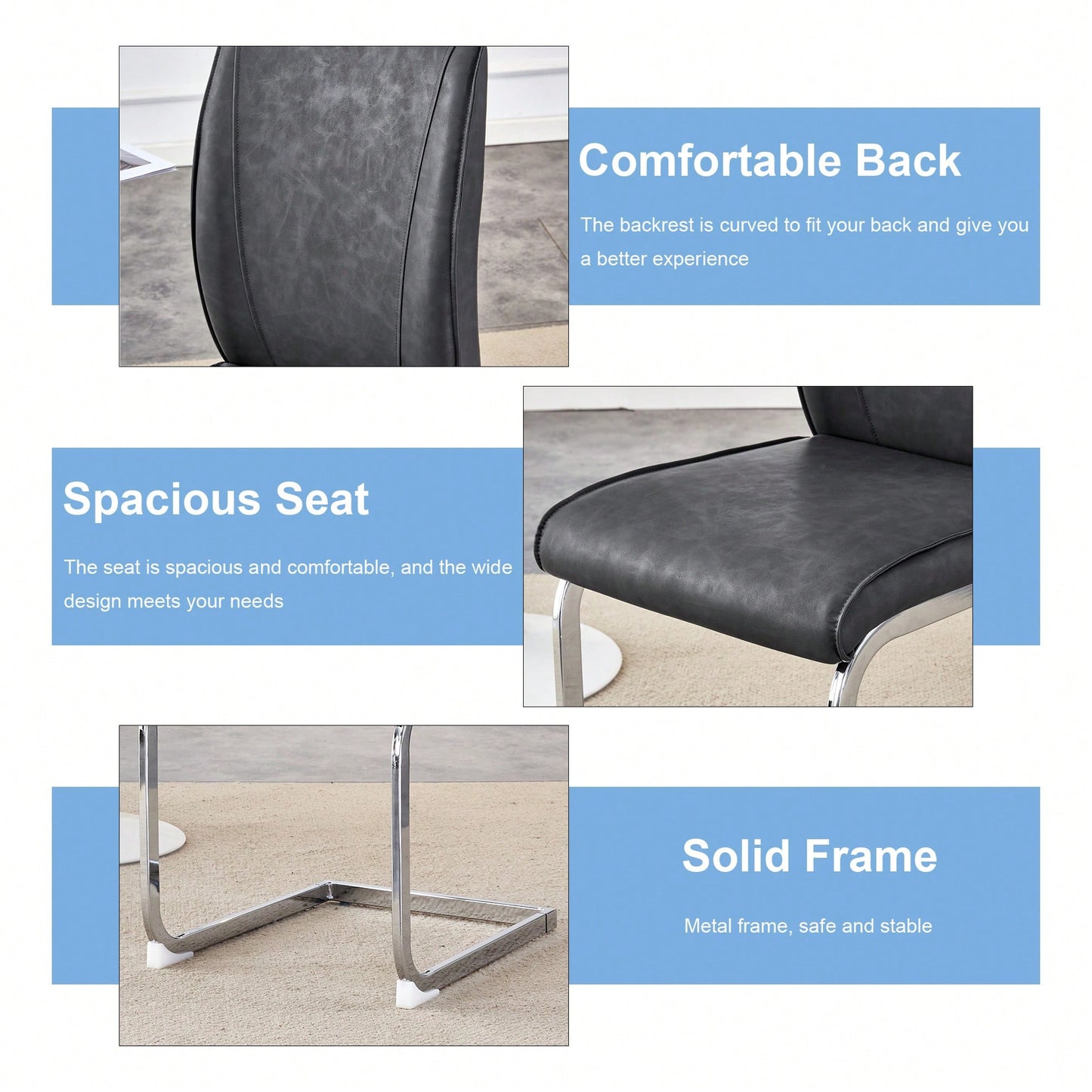 Elegant Dark Gray PU Dining Chairs Set Of 4 With High Resilience And Arched Metal Silver Legs