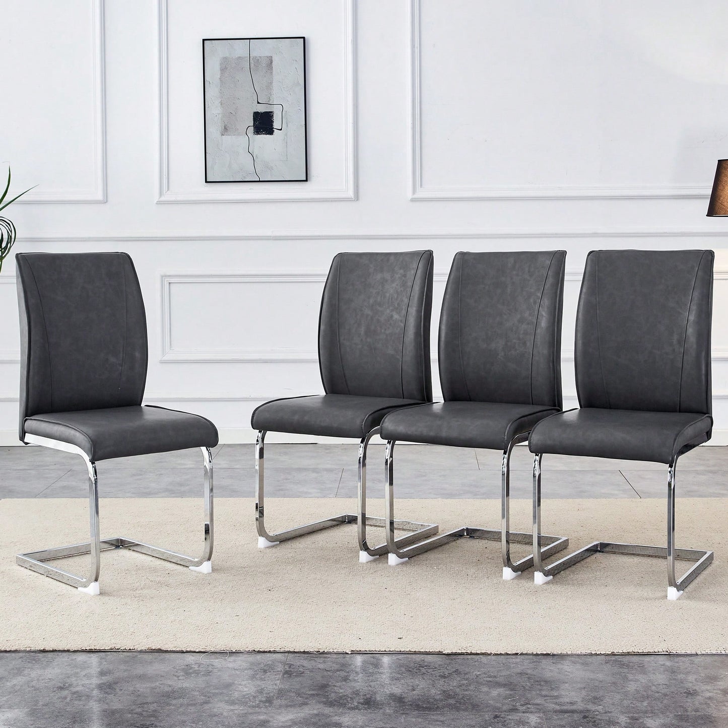 Elegant Dark Gray PU Dining Chairs Set Of 4 With High Resilience And Arched Metal Silver Legs