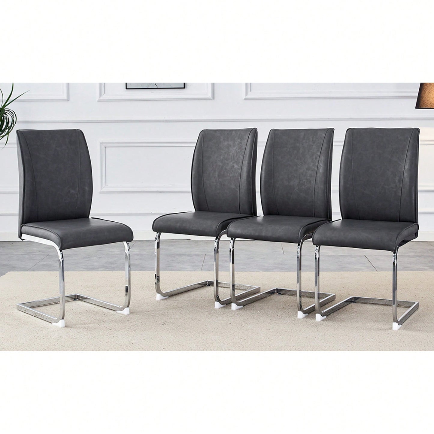 Elegant Dark Gray PU Dining Chairs Set Of 4 With High Resilience And Arched Metal Silver Legs