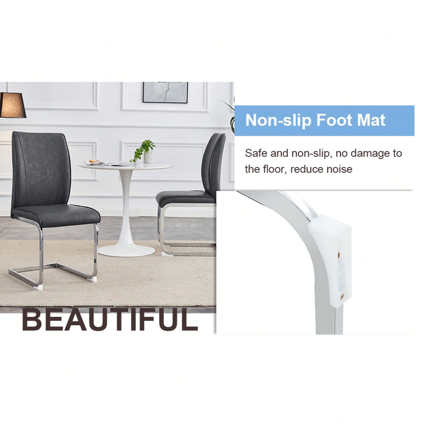 Elegant Dark Gray PU Dining Chairs Set Of 4 With High Resilience And Arched Metal Silver Legs