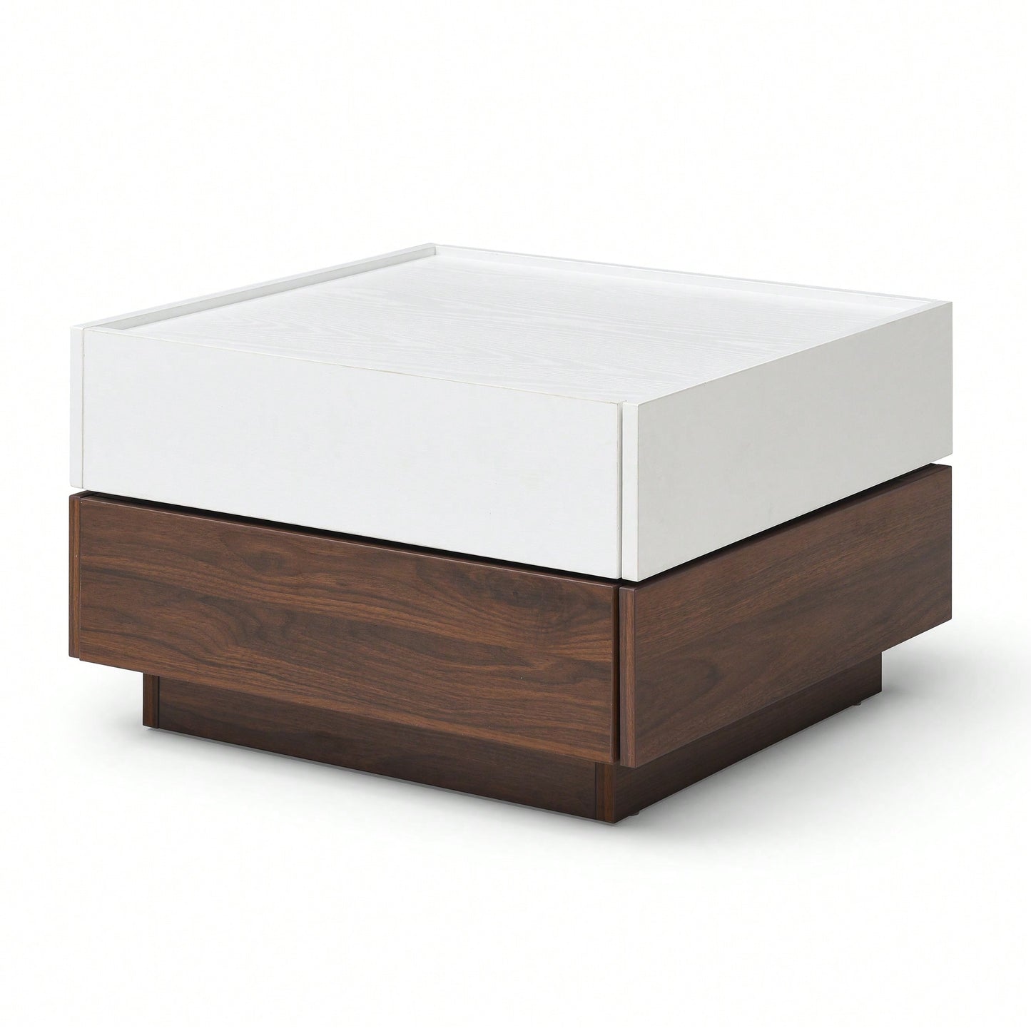 Rotating Square Coffee Table With 2 Storage Drawers And Swivel Top For Living Room In White And Walnut Finish