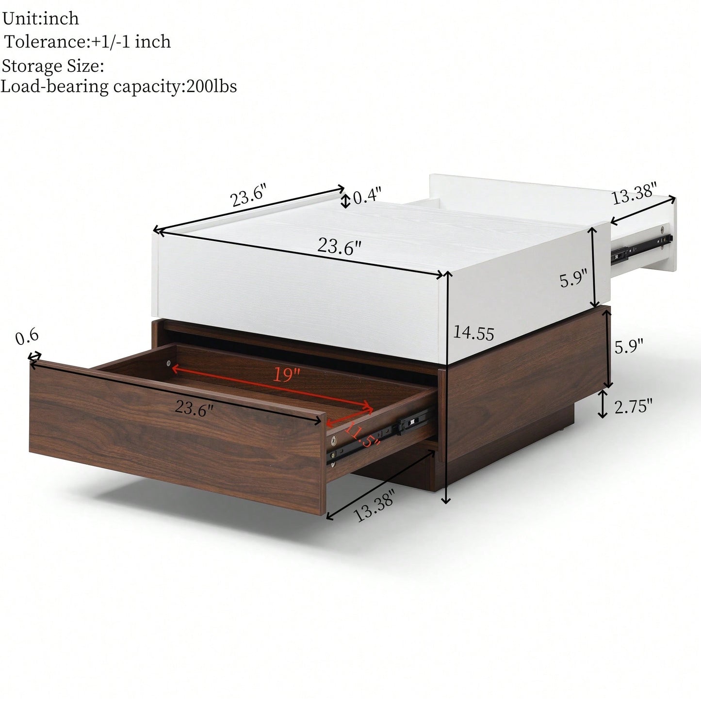 Rotating Square Coffee Table With 2 Storage Drawers And Swivel Top For Living Room In White And Walnut Finish