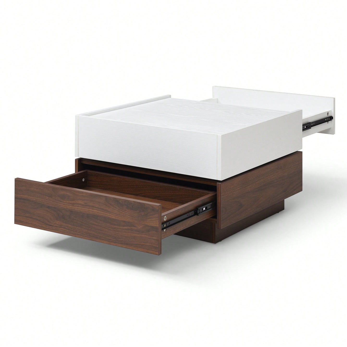 Rotating Square Coffee Table With 2 Storage Drawers And Swivel Top For Living Room In White And Walnut Finish