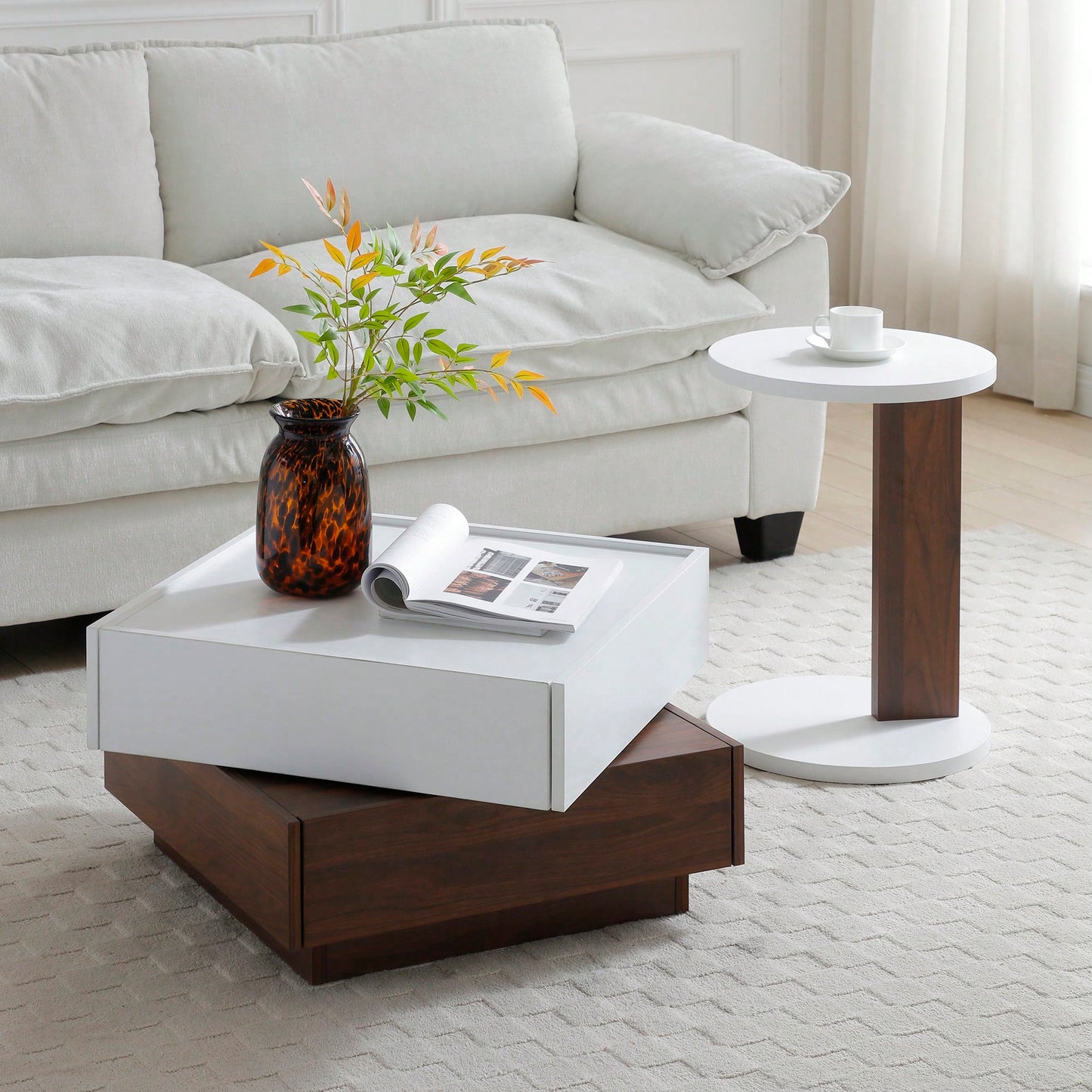 Rotating Square Coffee Table With 2 Storage Drawers And Swivel Top For Living Room In White And Walnut Finish