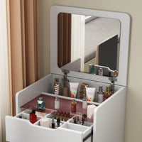 Compact 3 In 1 Makeup Vanity Desk With Flip Top Mirror And Glass Desktop, Features 3 Drawers And Cushioned Stool For Bedroom Dressing Table