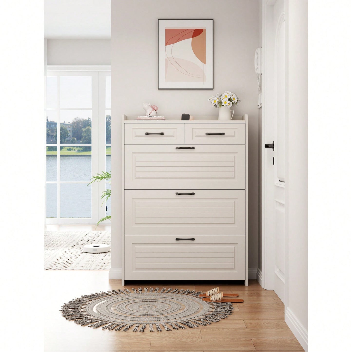 Slim Hidden Shoe Storage Cabinet With 3 Doors And 2 Drawers For Entryway Organization In White