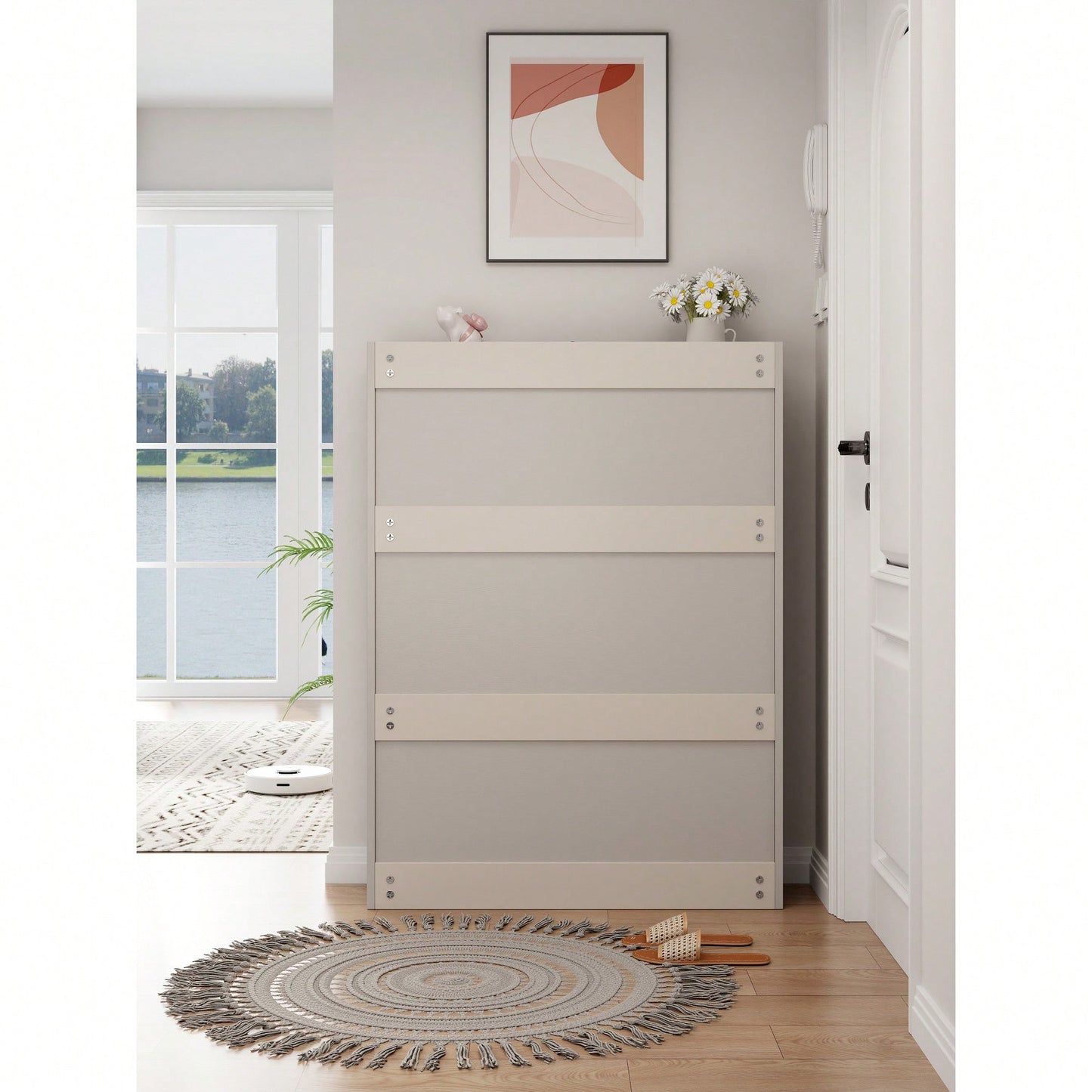 Slim Hidden Shoe Storage Cabinet With 3 Doors And 2 Drawers For Entryway Organization In White