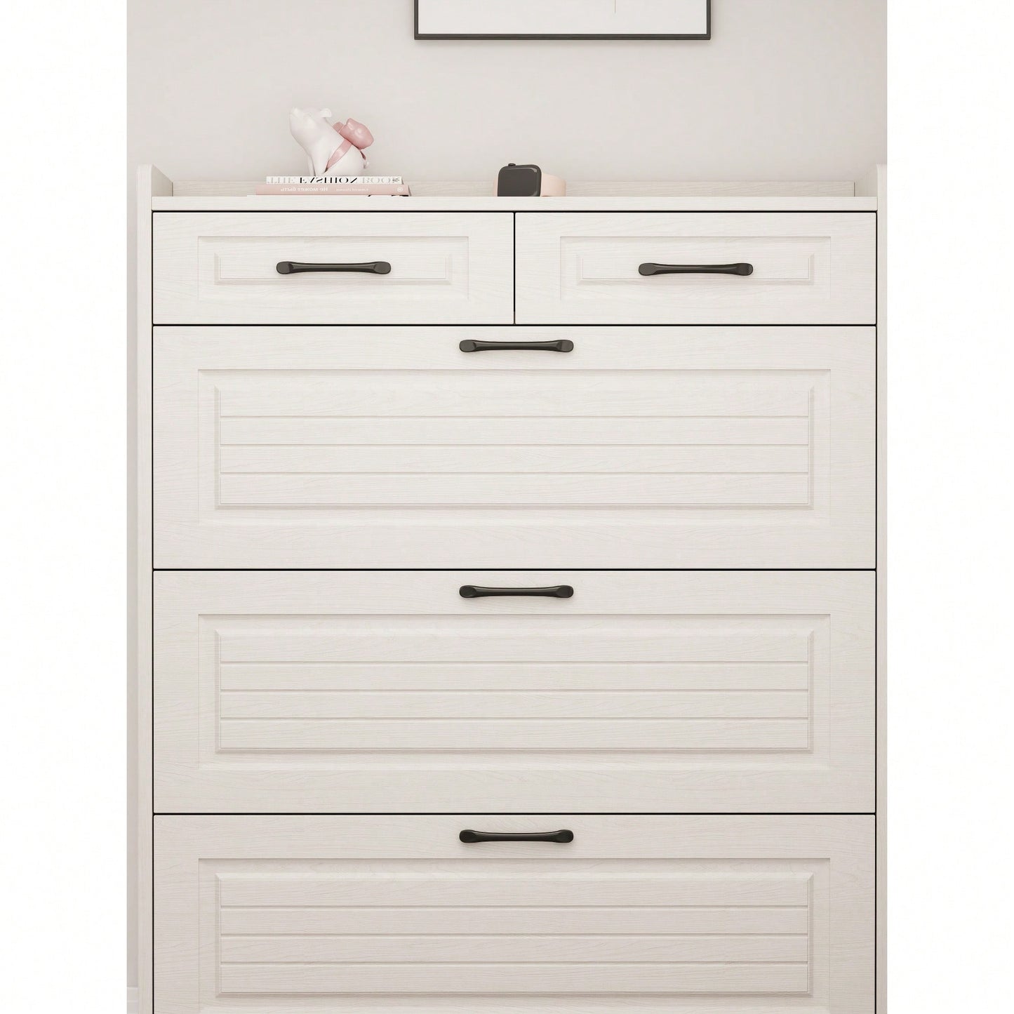 Slim Hidden Shoe Storage Cabinet With 3 Doors And 2 Drawers For Entryway Organization In White