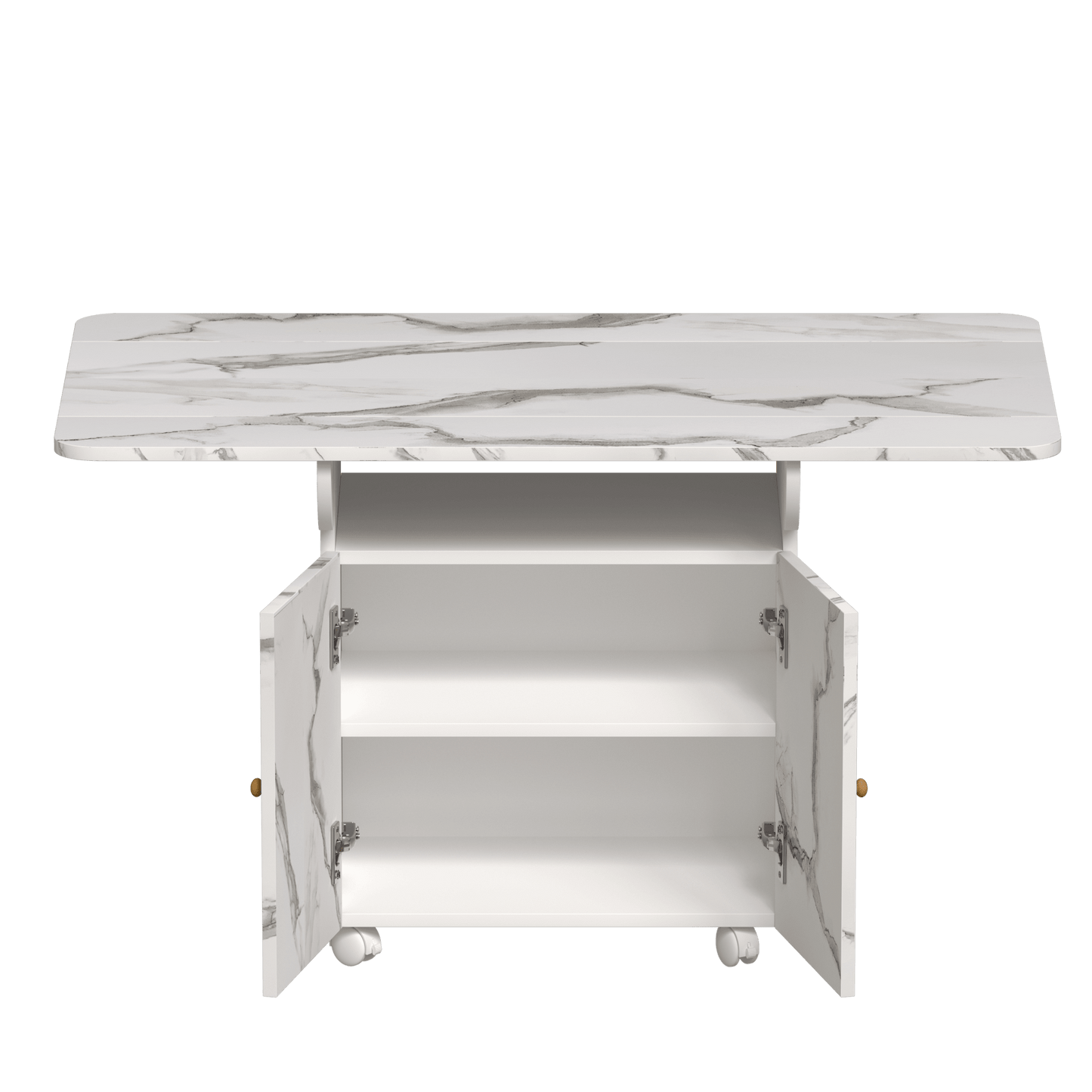 Versatile 47 Inch Wood Folding Dining Table With Storage Rack And Cabinet, Removable Entryway Table On Wheels, White Marble Kitchen