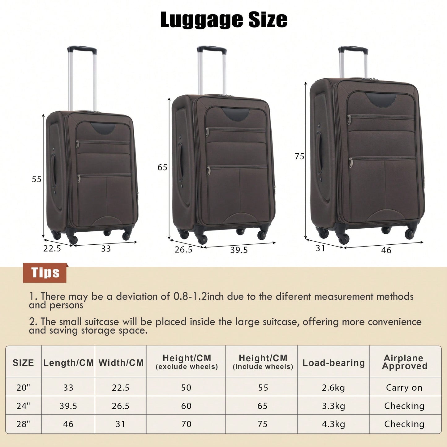 Expandable 3 Piece Softside Luggage Set With Lightweight Spinner Suitcase And Duffel Bag For Travel