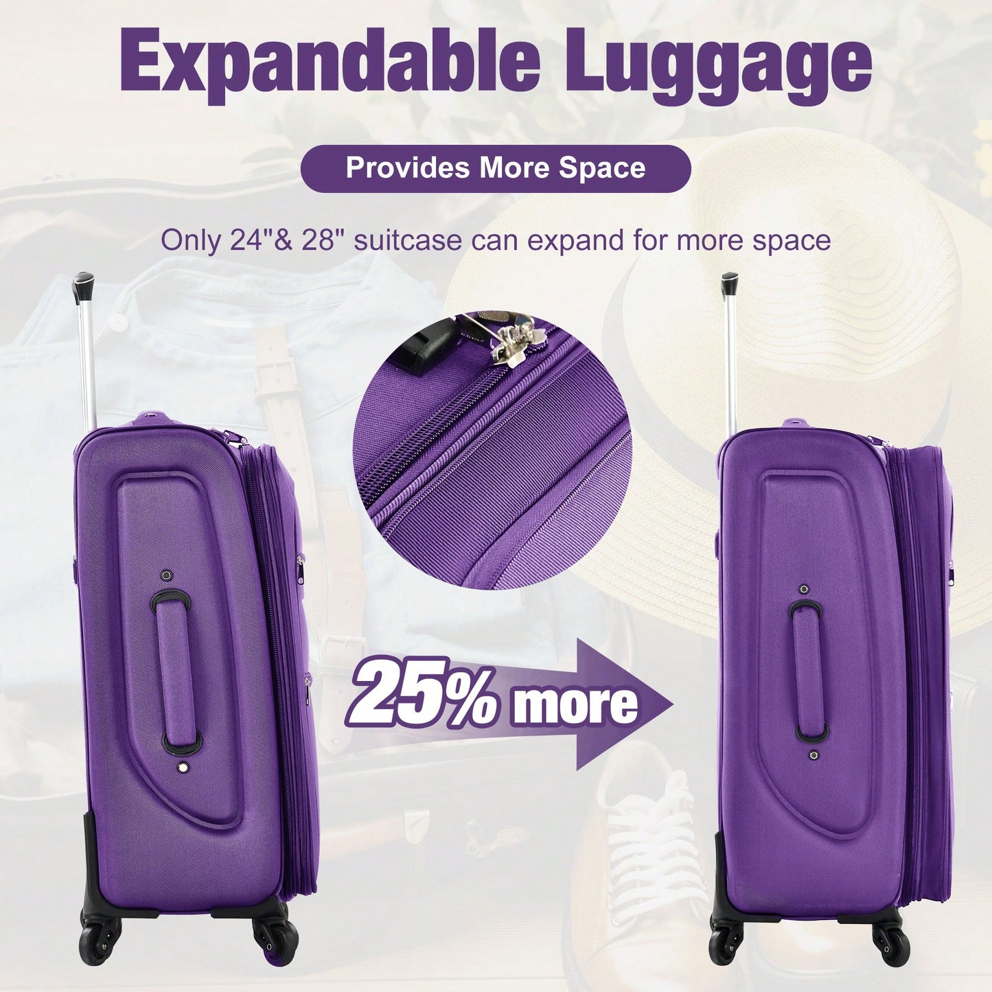 Expandable 3 Piece Softside Luggage Set With Lightweight Spinner Suitcase And Duffel Bag For Travel