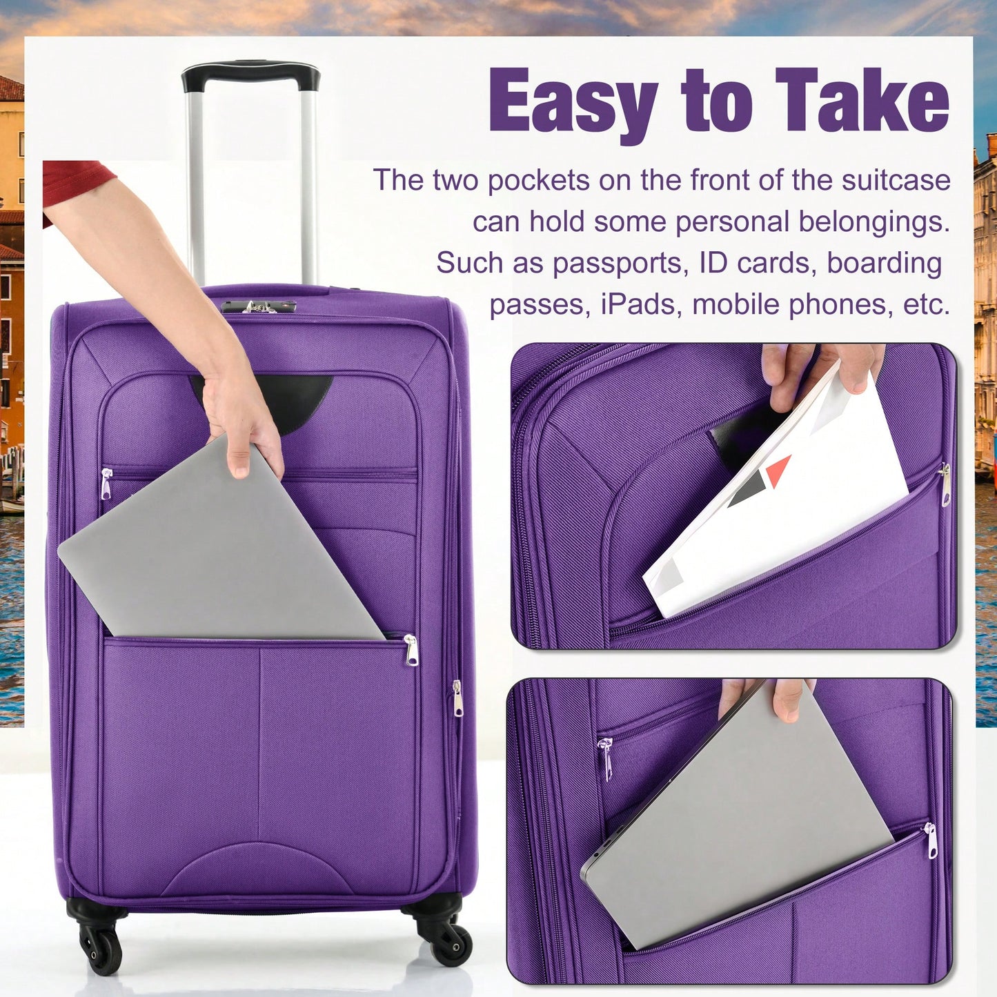 Expandable 3 Piece Softside Luggage Set With Lightweight Spinner Suitcase And Duffel Bag For Travel