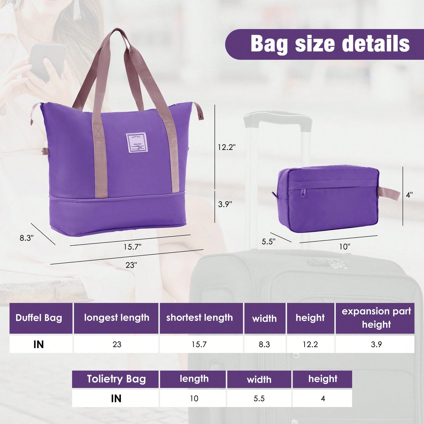 Expandable 3 Piece Softside Luggage Set With Lightweight Spinner Suitcase And Duffel Bag For Travel