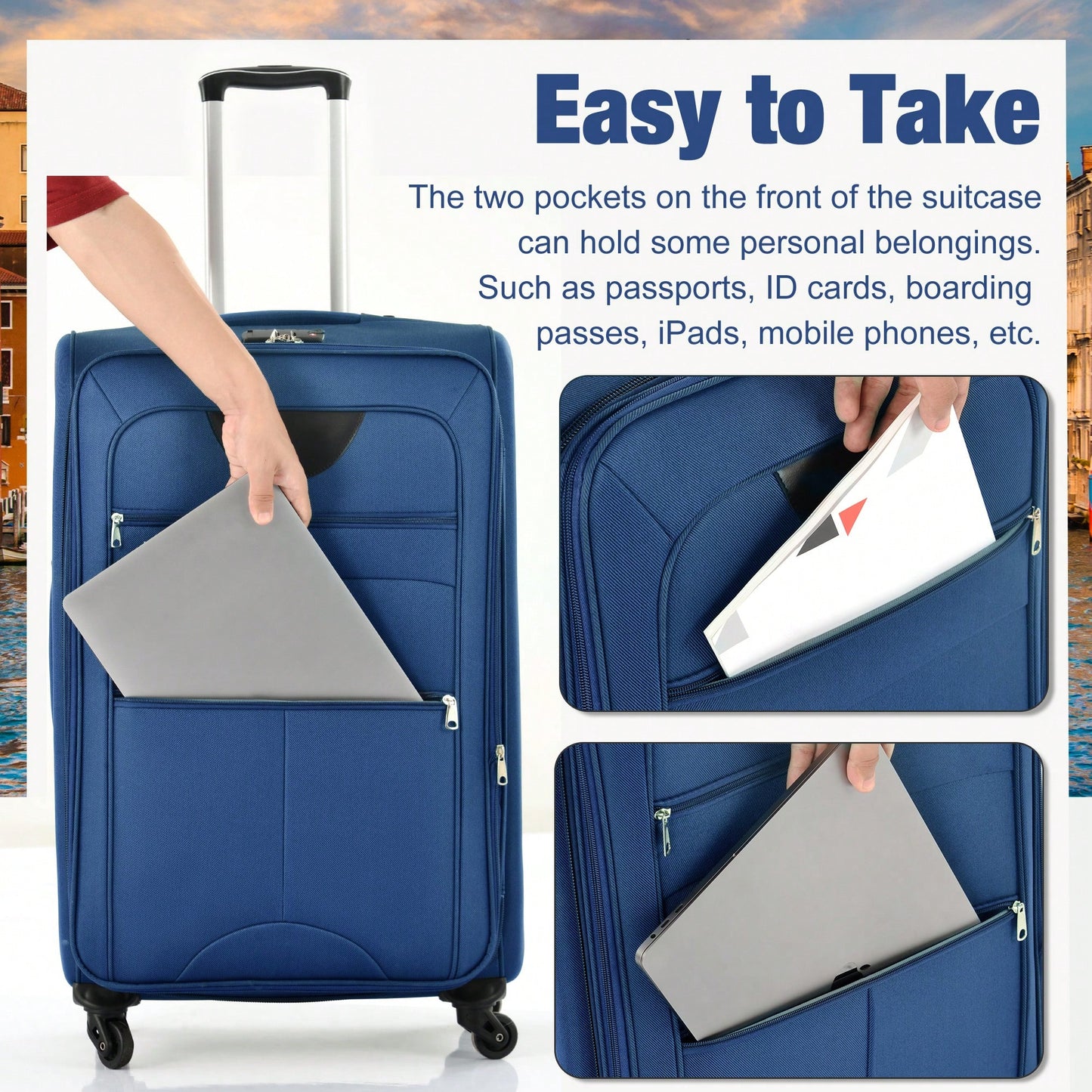 Expandable 3 Piece Softside Luggage Set With Lightweight Spinner Suitcase And Duffel Bag For Travel